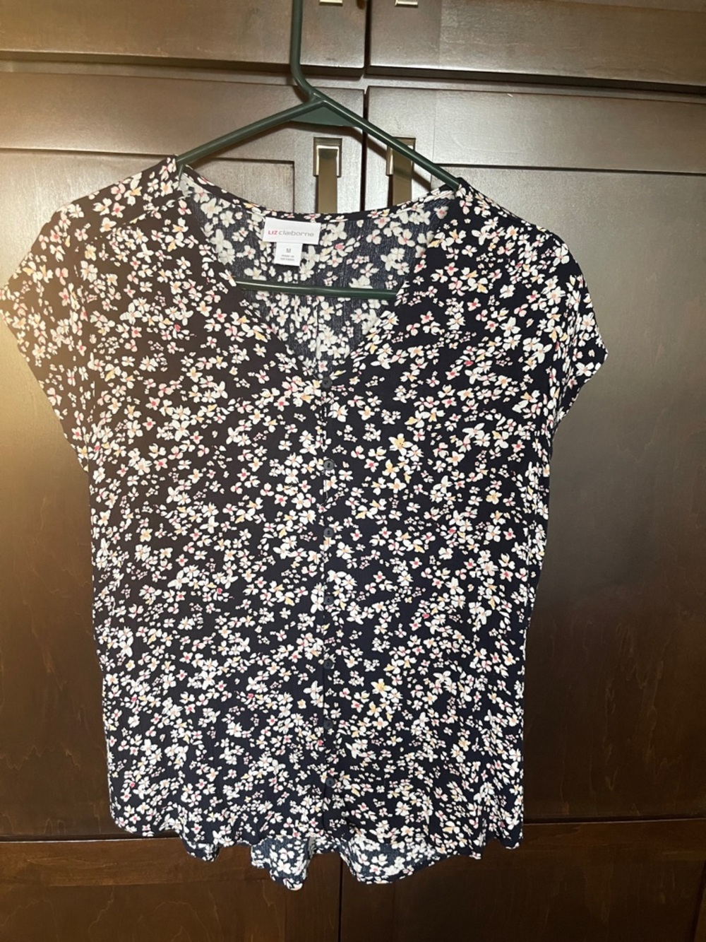 Liz Claiborne Navy Floral Short-Sleeve V-Neck Blouse